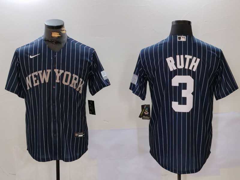 Mens New York Yankees #3 Babe Ruth Navy Pinstripe Fashion Cool Base Jersey